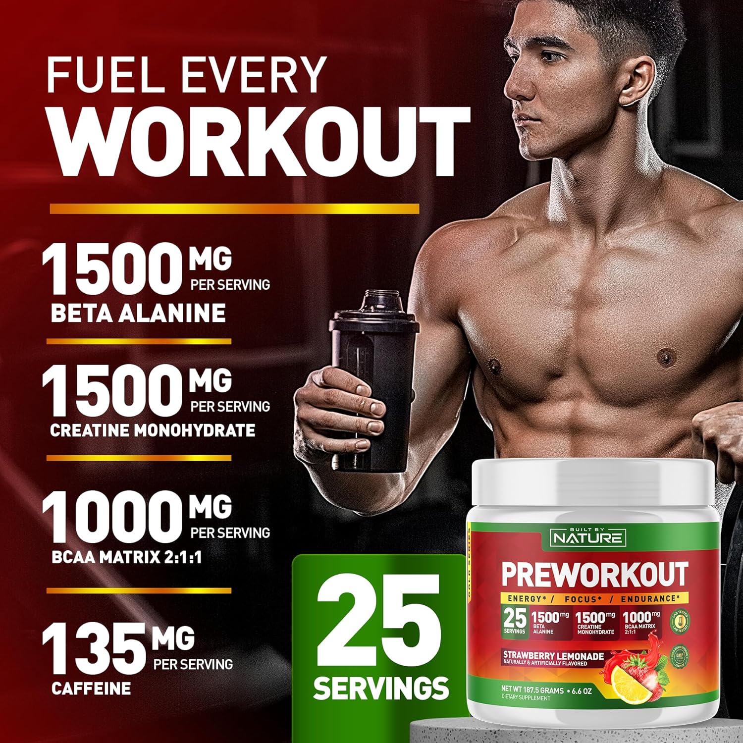 Strawberry Lemonade Pre Workout Powder with Natural Ingredients - 25 Servings
