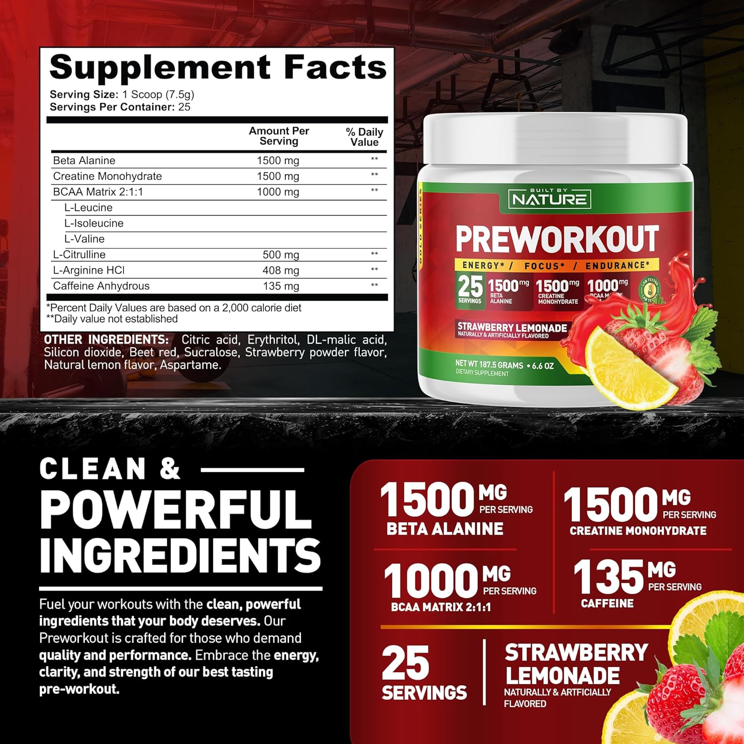 Strawberry Lemonade Pre Workout Powder with Natural Ingredients - 25 Servings
