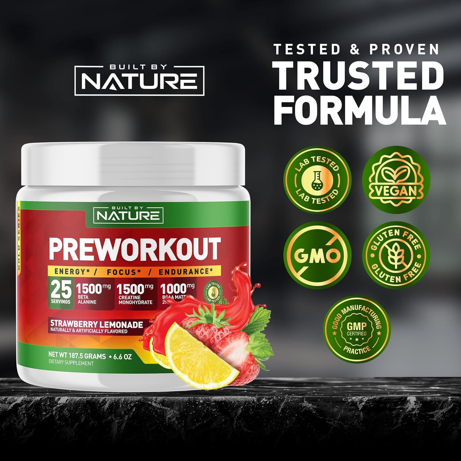 Strawberry Lemonade Pre Workout Powder with Natural Ingredients - 25 Servings
