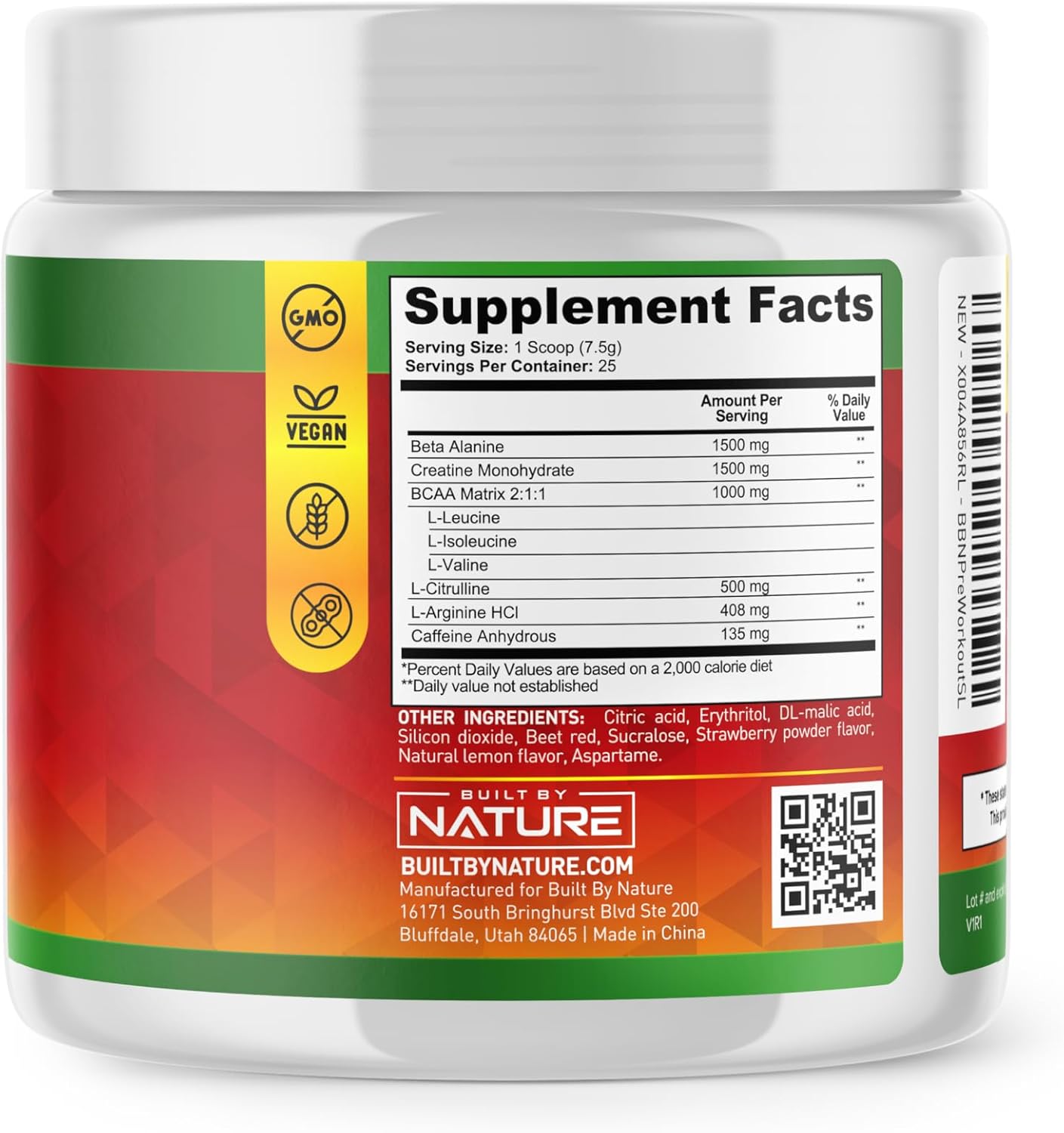 Strawberry Lemonade Pre Workout Powder with Natural Ingredients - 25 Servings