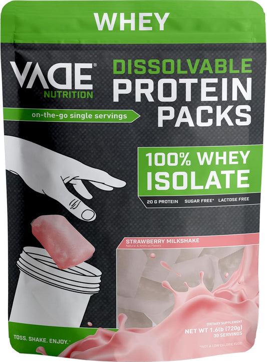 Strawberry Milkshake Whey Isolate Protein Packs - Dissolvable On-The-Go Nutrition, Low Carb & Calorie, Lactose, Gluten, Fat, & Sugar Free - 30 Servings