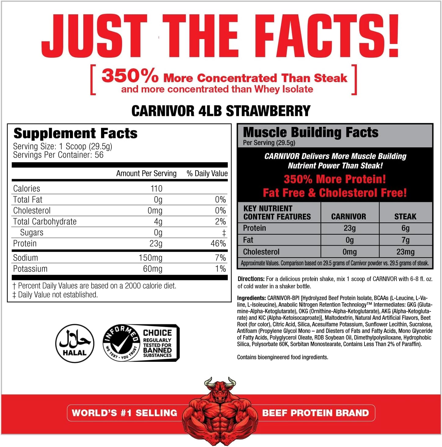 Strawberry MuscleMeds Carnivor Beef Protein Isolate - 3.9lb, Lactose-Free, Sugar-Free, Fat-Free, Halal Certified - 56 Servings