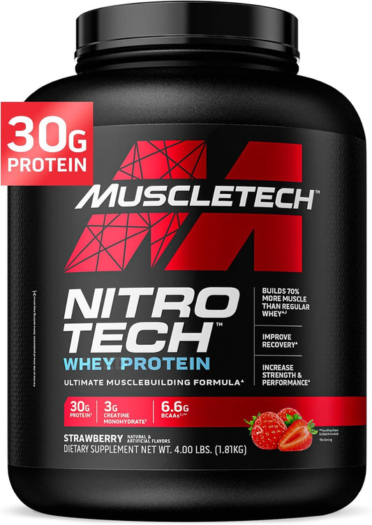 Strawberry Muscletech Whey Protein Powder - Nitro-Tech Muscle Building Formula with 30g Protein, 3g Creatine, 6.6g BCAA - 4lb