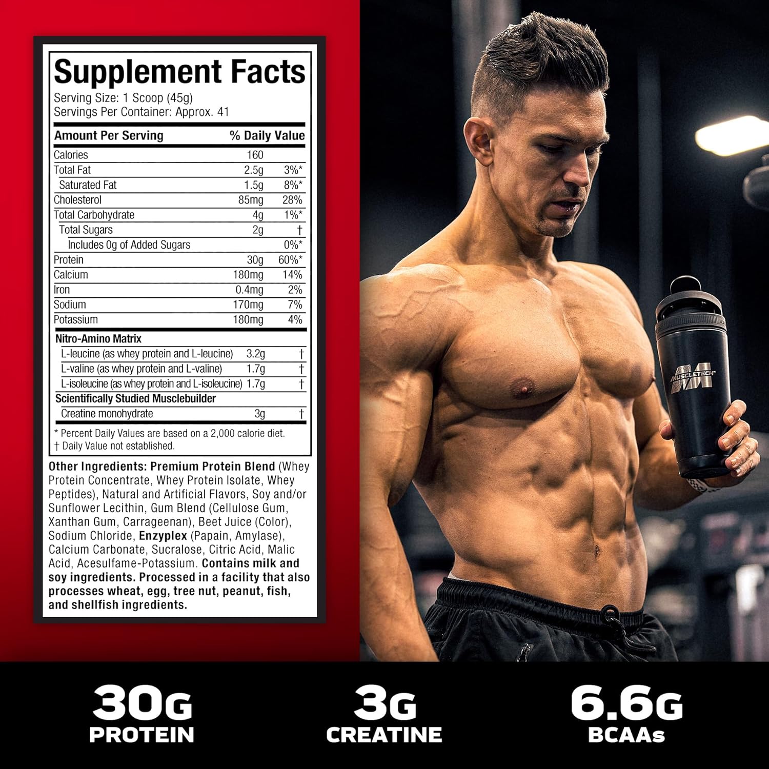 Strawberry Muscletech Whey Protein Powder - Nitro-Tech Muscle Building Formula with 30g Protein, 3g Creatine, 6.6g BCAA - 4lb