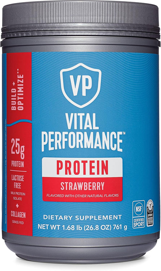 Strawberry Performance Protein Powder with 25g Milk Isolate Casein & Whey Blend, 10g Collagen Peptides, EAAs, BCAAs - Gluten-Free 1.68lb
