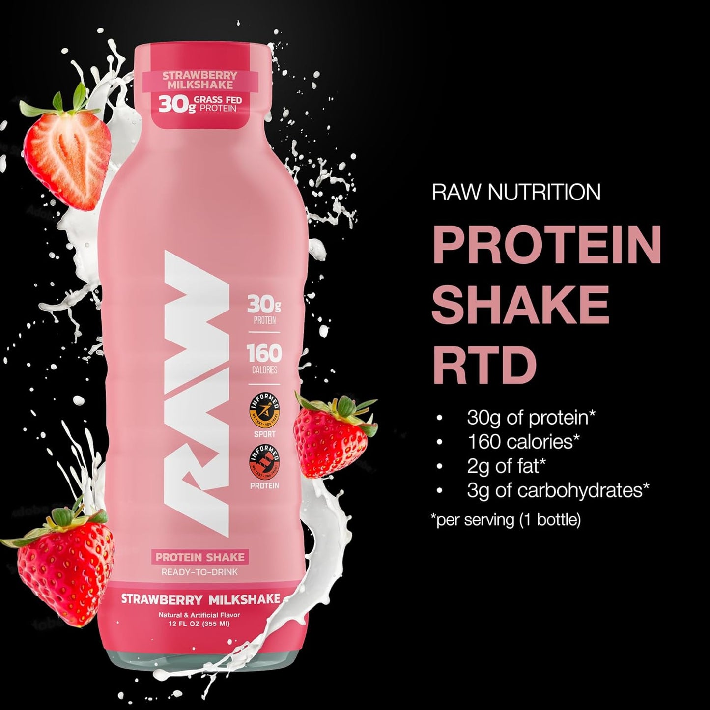 Strawberry Protein Shake - Grass-Fed Whey Isolate RTD Drink, Zero-Sugar & Gluten-Free, 12 Fl Oz