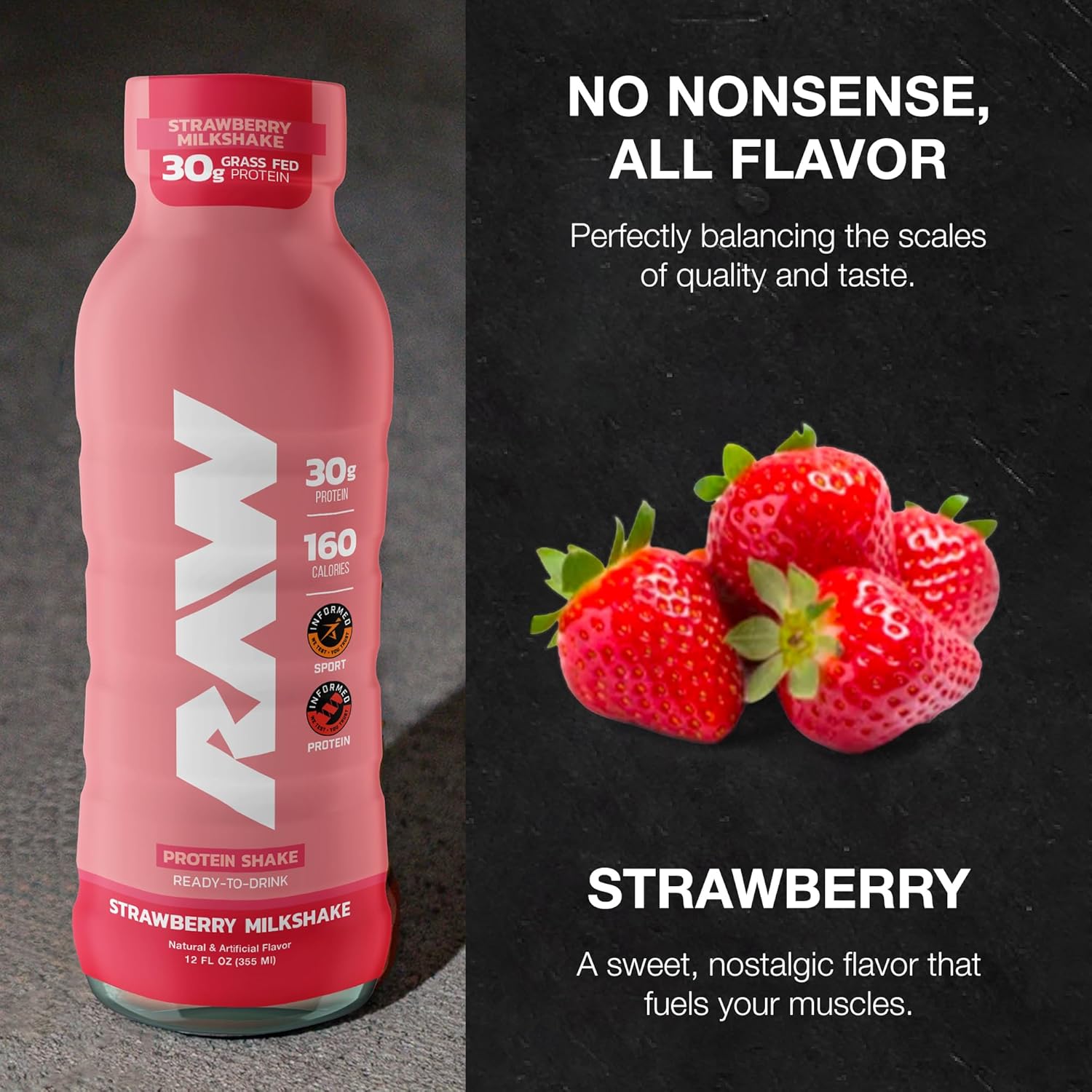 Strawberry Protein Shake - Grass-Fed Whey Isolate RTD Drink, Zero-Sugar & Gluten-Free, 12 Fl Oz