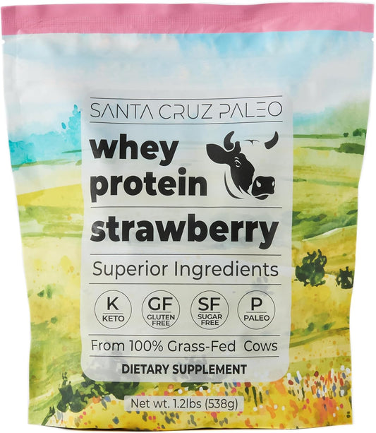 Strawberry Santa Cruz Paleo Whey Protein Powder - 20g Grass Fed Whey Isolate, Gluten Free, Keto, Sugar Free - Natural Muscle Support Post Workout - 20 Servings, 1.2lb Bag
