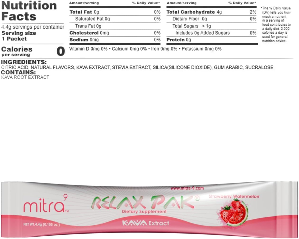 Strawberry Watermelon Kava Extract Powder Packets - Mitra9 RelaxPak | Mood Enhancer | Plant Based | Promotes Calm & Clarity | Single-Serving Stick (5)