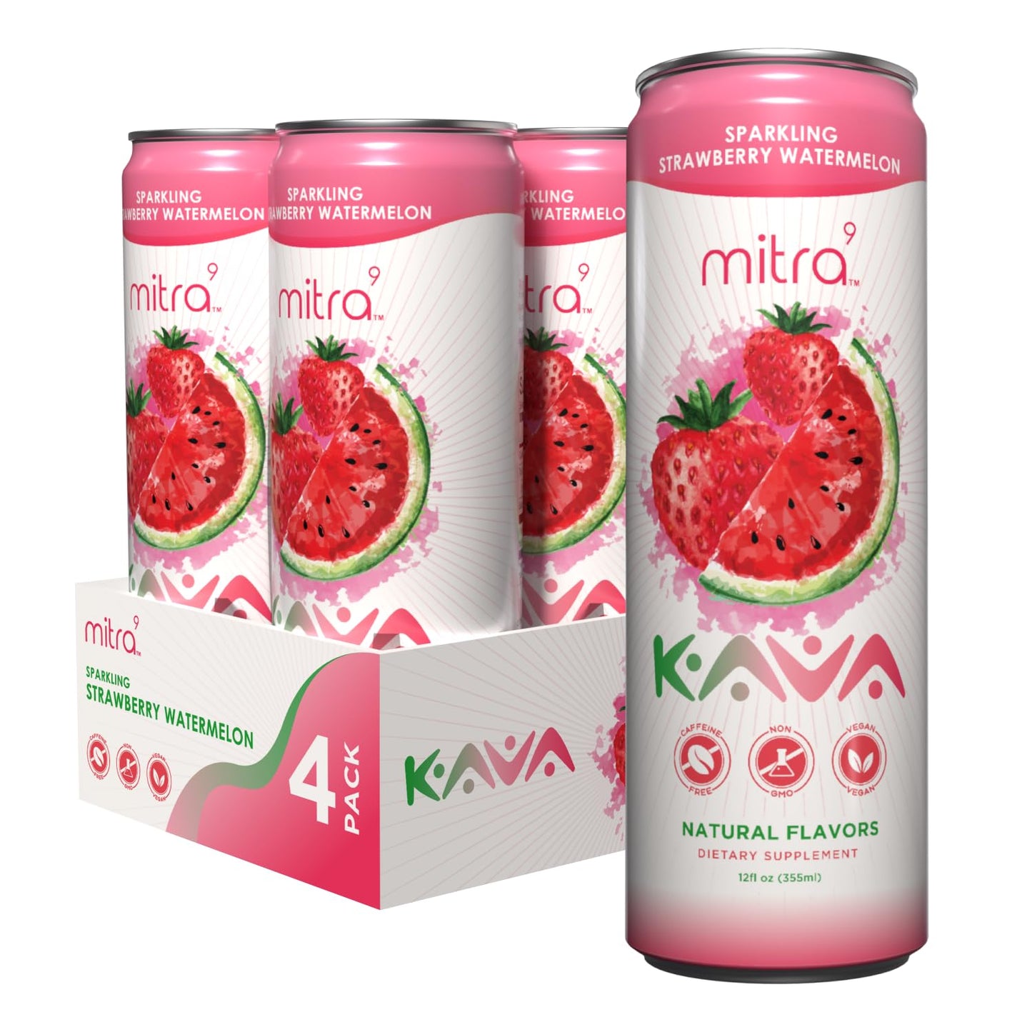Strawberry Watermelon Sparkling Kava Drink with Kava Root Extract - Mood Enhancer - 12 Fl. Oz - Plant Based Calm & Clarity