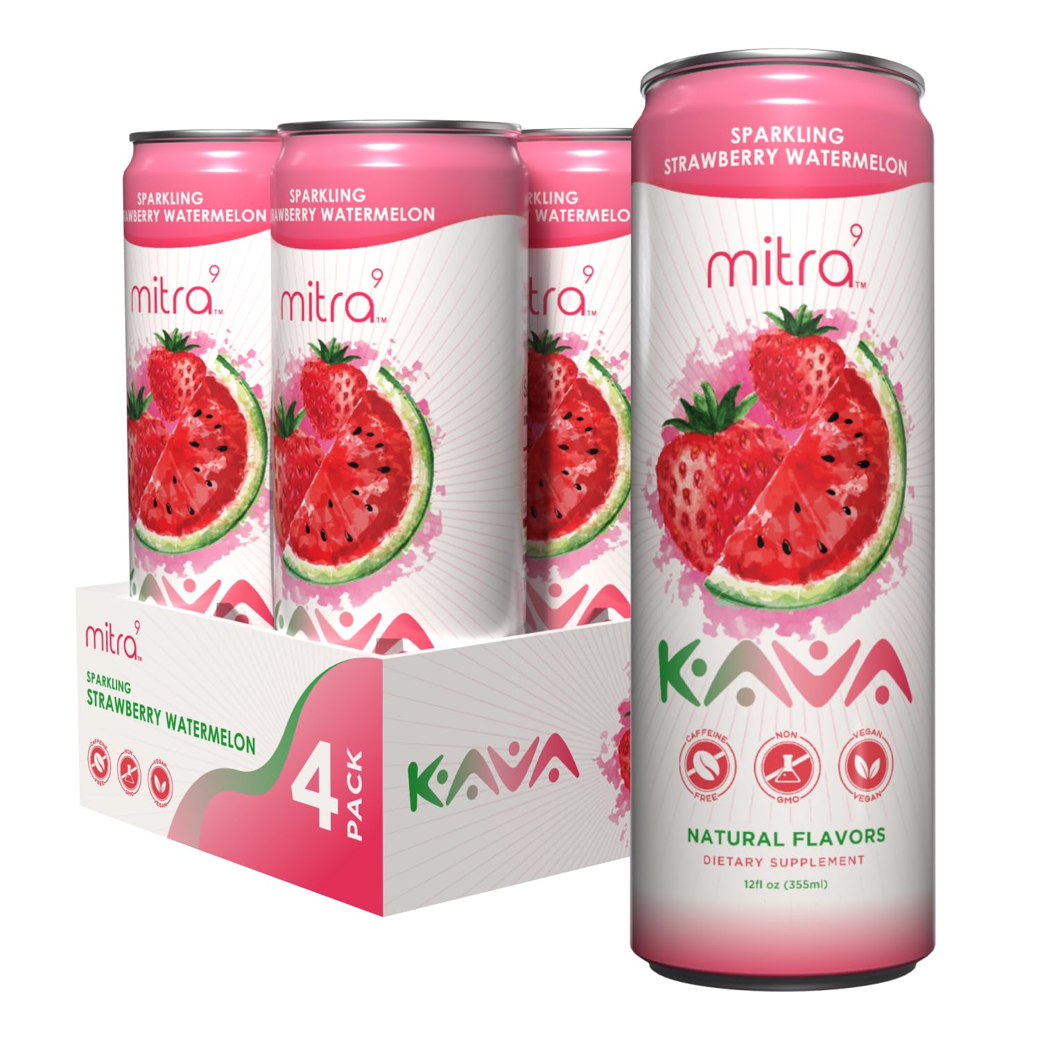 Strawberry Watermelon Sparkling Kava Drink with Kava Root Extract - Mood Enhancer - 12 Fl. Oz - Plant Based Calm & Clarity