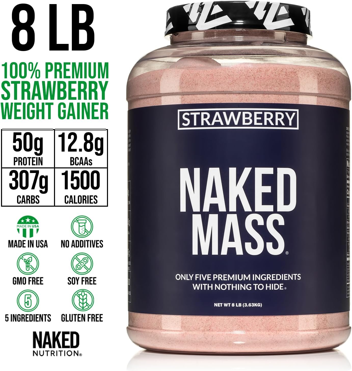 Strawberry Weight Gainer Protein Powder - 1,500 Calories, 50G Protein, GMO Free - 8lb Bulk Naked Nutrition Strawberry Mass