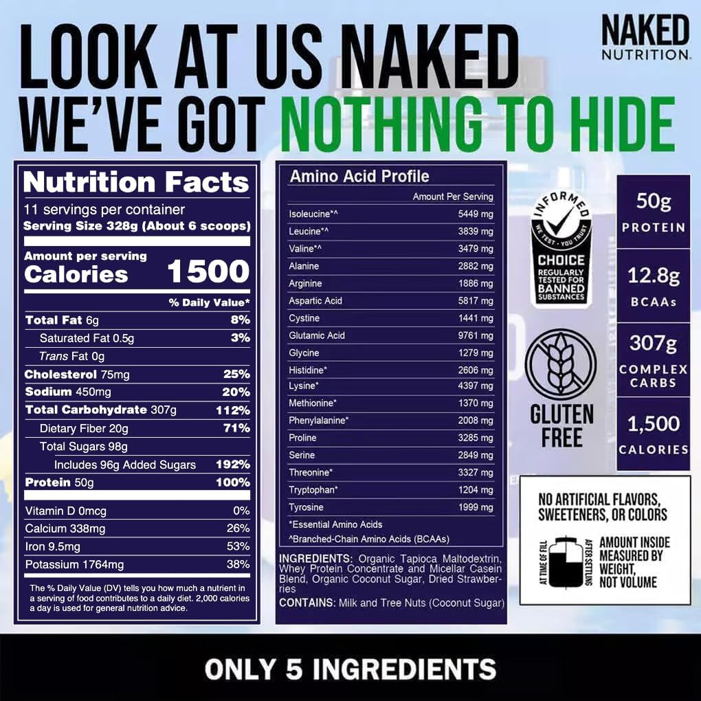 Strawberry Weight Gainer Protein Powder - 1,500 Calories, 50G Protein, GMO Free - 8lb Bulk Naked Nutrition Strawberry Mass