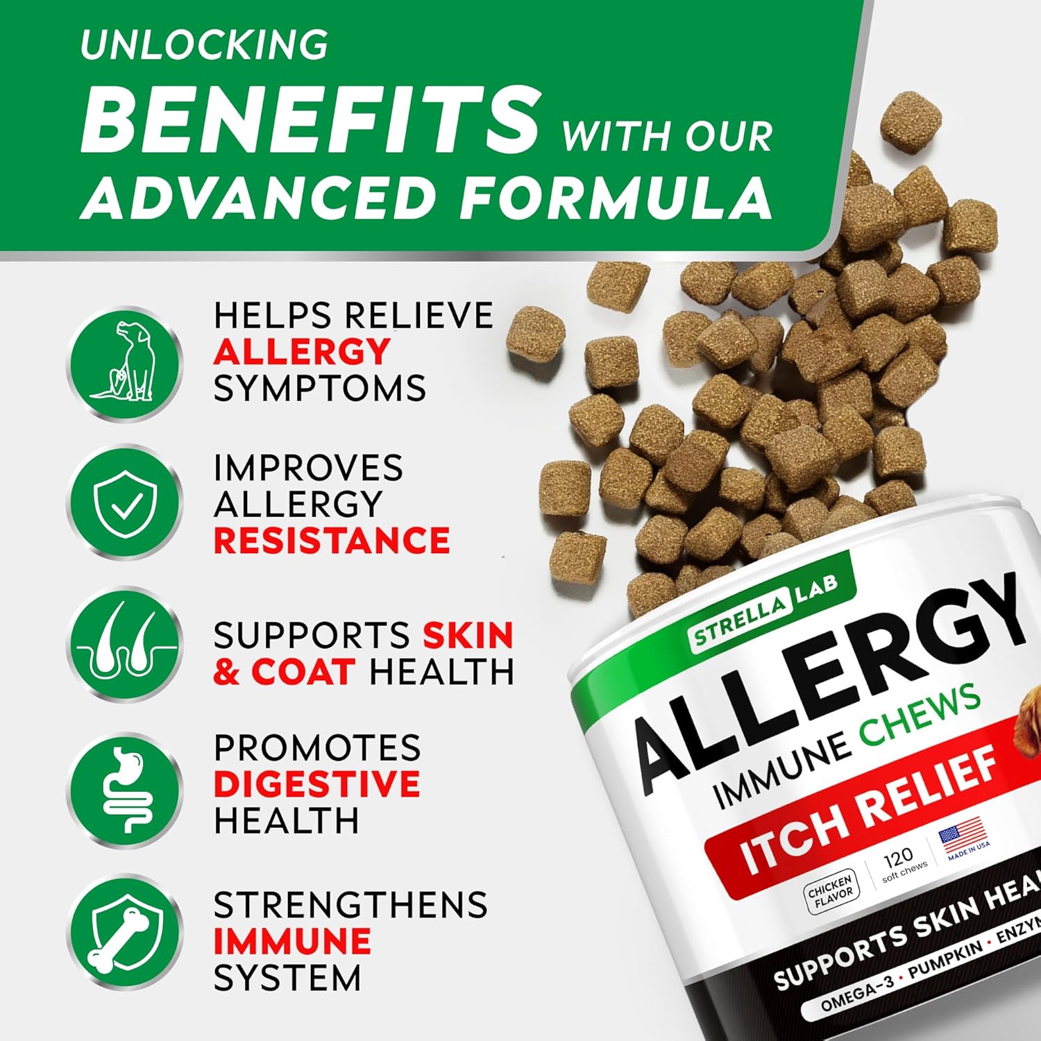 StrellaLab Omega 3 Dog Allergy Relief Chews with Real Ingredients - Skin & Coat Support Supplement - Made in USA - 120 Count