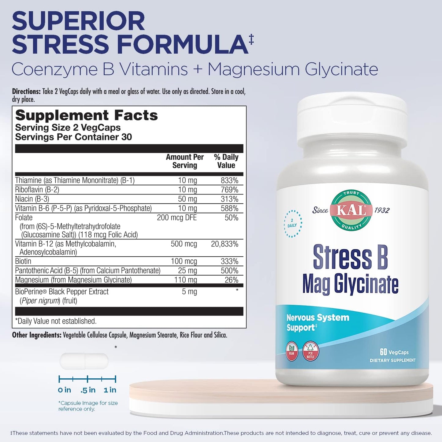 Stress B Complex with Magnesium, Coenzyme B-6, Methylcobalamin, and Folate, Mood & Relaxation Support, 60 VegCaps