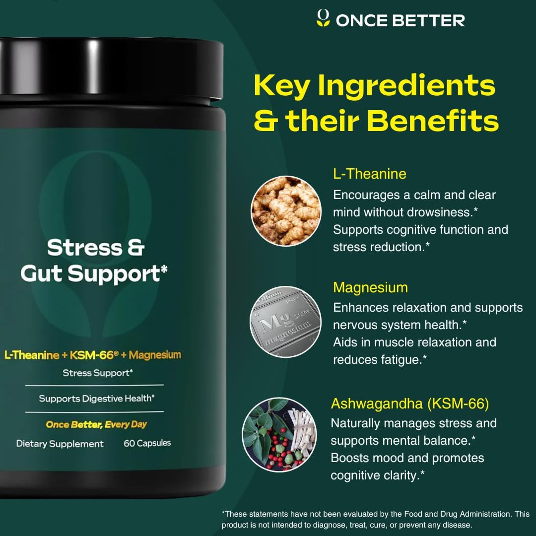 Stress & Gut Support Supplement with Ashwagandha, L-Theanine, Magnesium, Probiotics - 60 Capsules for Men & Women