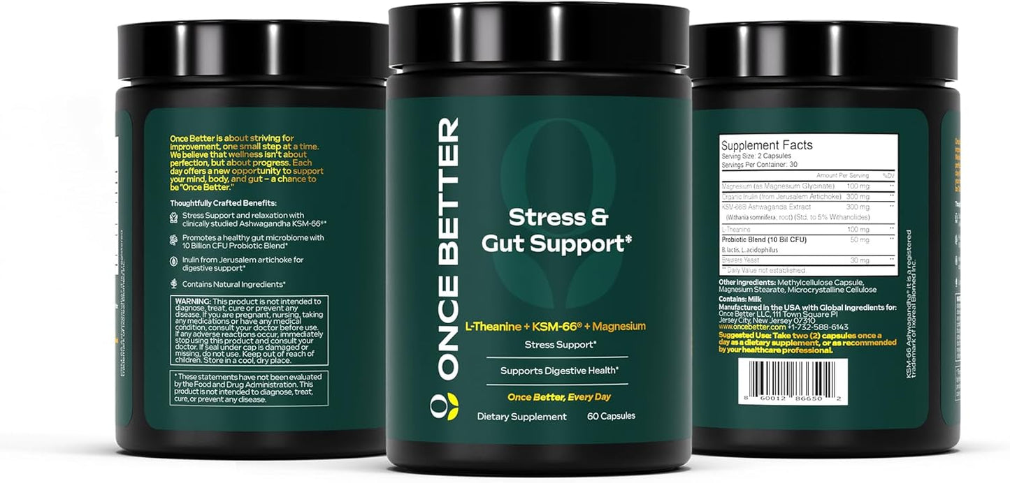 Stress & Gut Support Supplement with Ashwagandha, L-Theanine, Magnesium, Probiotics - 60 Capsules for Men & Women