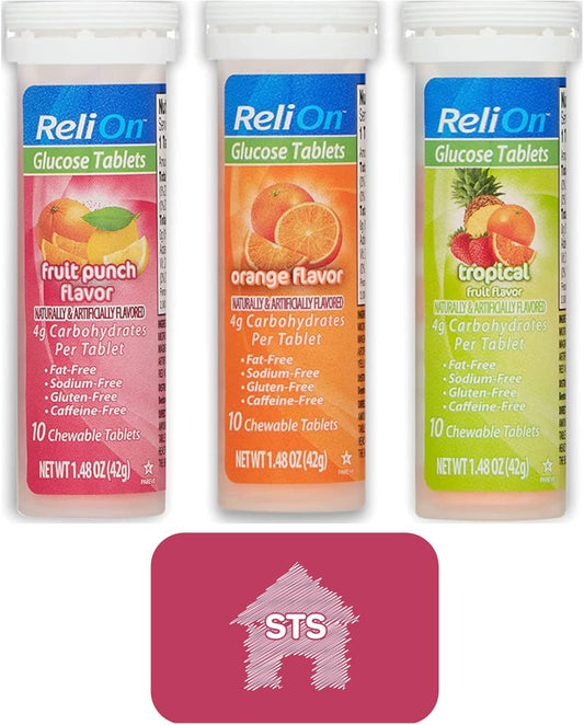 STS Home ReliOn Glucose Tablets Variety Pack - Orange, Tropical, Fruit Punch - 3 Packs of 10 Tablets, 30 Total + STS Sticker