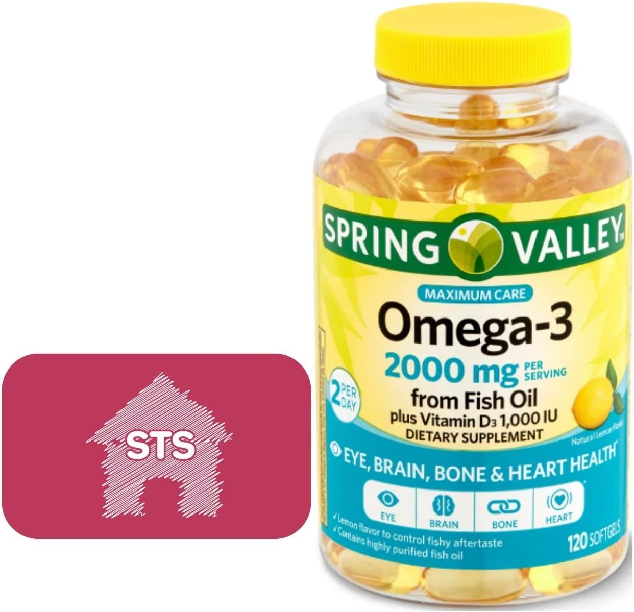 STS Home Spring Valley Omega-3 Fish Oil Softgels 2000mg, 120 Count, Maximum Care Formula + STS Sticker