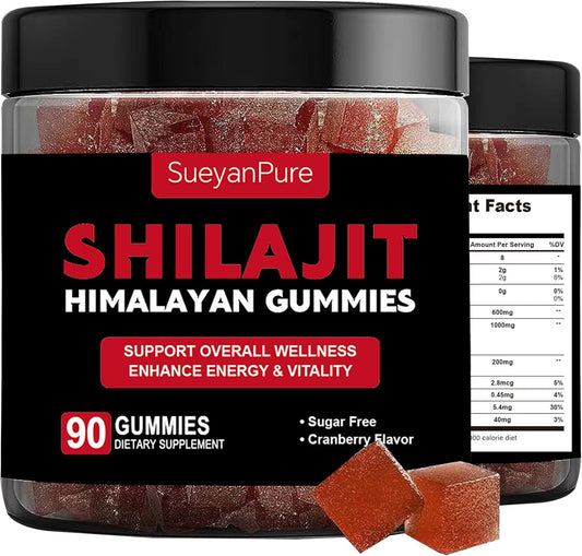 SueyanPure Himalayan Shilajit Gummies with Ashwagandha, Black Seed Oil, Fulvic Acid & Minerals for Cognitive, Mood, Immunity, Energy - 90 Gummy