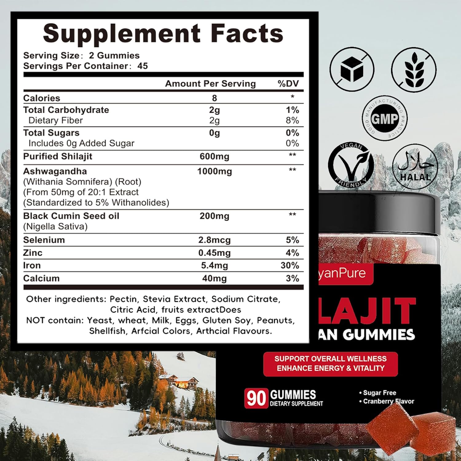 SueyanPure Himalayan Shilajit Gummies with Ashwagandha, Black Seed Oil, Fulvic Acid & Minerals for Cognitive, Mood, Immunity, Energy - 90 Gummy