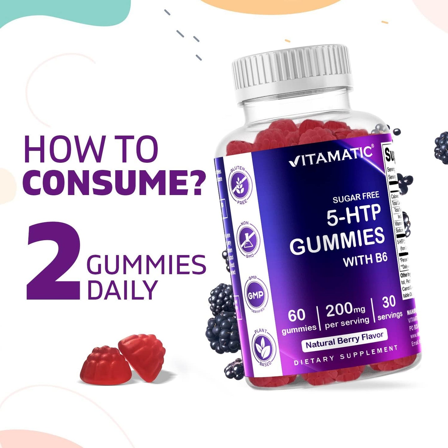 Sugar-Free 5-HTP Gummies with B6 - 60 Pectin-Based Gummies, 200mg per Serving