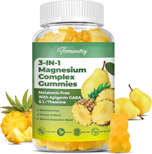 Sugar Free 800mg Triple Magnesium Complex Gummies with GABA & L-Theanine - Memory, Muscle, Energy Support for Adults & Kids