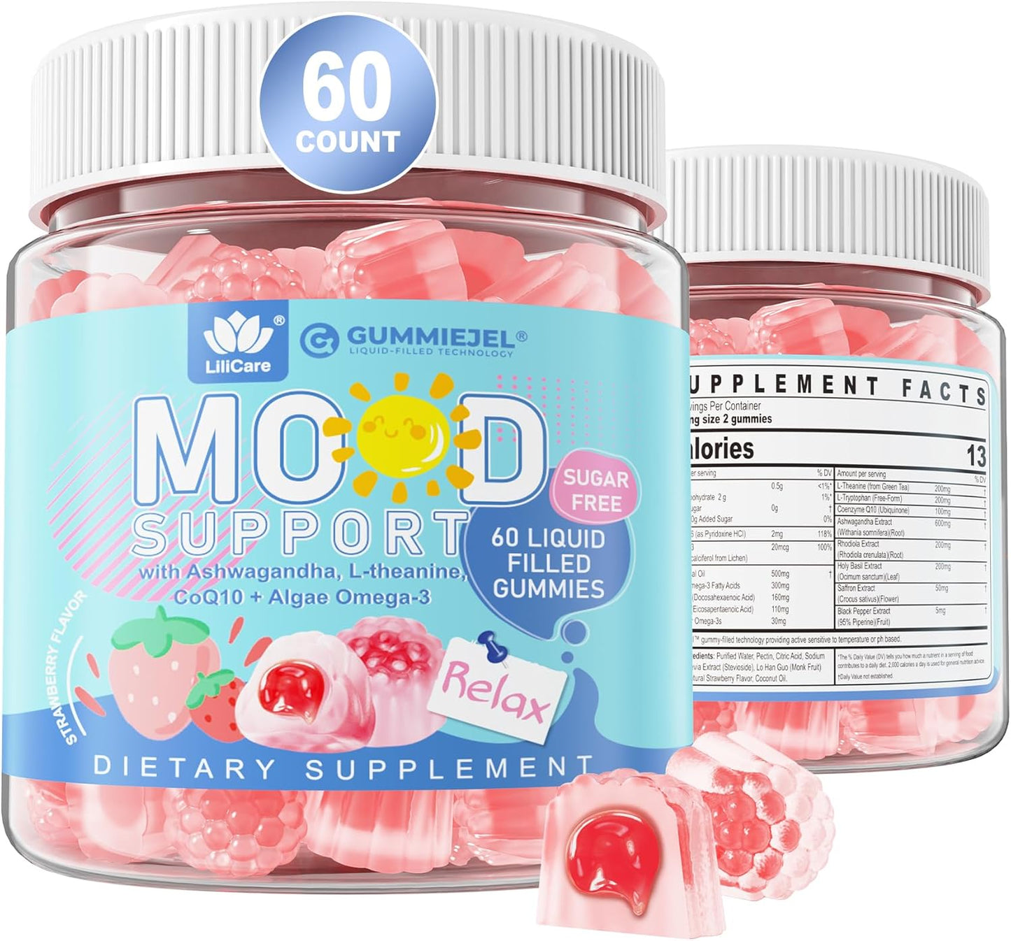 Sugar-Free Ashwagandha Calm Gummies with L-Theanine and Vitamin D3 - Vegan Omega 3 for Relaxing Mood - Strawberry Flavor - 60 Gummies