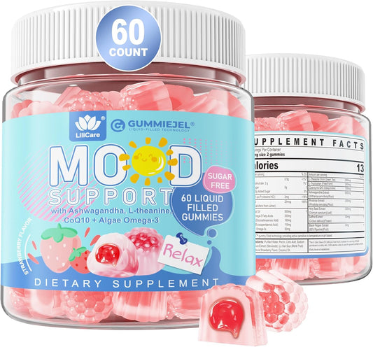 Sugar-Free Ashwagandha Calm Gummies with L-Theanine and Vitamin D3 - Vegan Omega 3 for Relaxing Mood - Strawberry Flavor - 60 Gummies