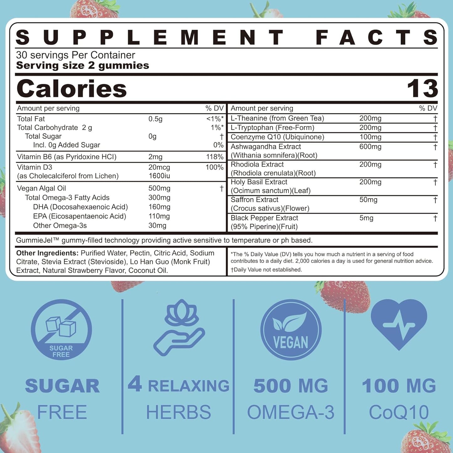 Sugar-Free Ashwagandha Calm Gummies with L-Theanine and Vitamin D3 - Vegan Omega 3 for Relaxing Mood - Strawberry Flavor - 60 Gummies