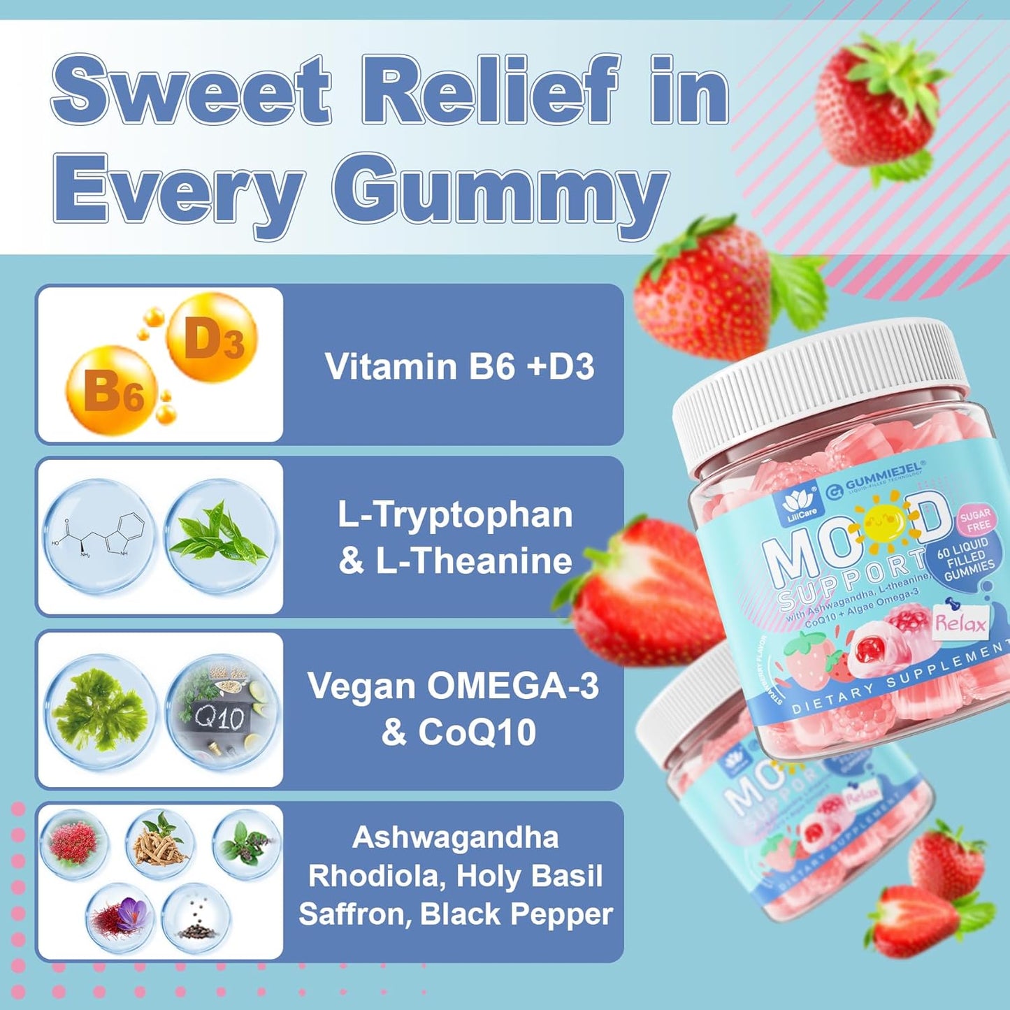 Sugar-Free Ashwagandha Calm Gummies with L-Theanine and Vitamin D3 - Vegan Omega 3 for Relaxing Mood - Strawberry Flavor - 60 Gummies