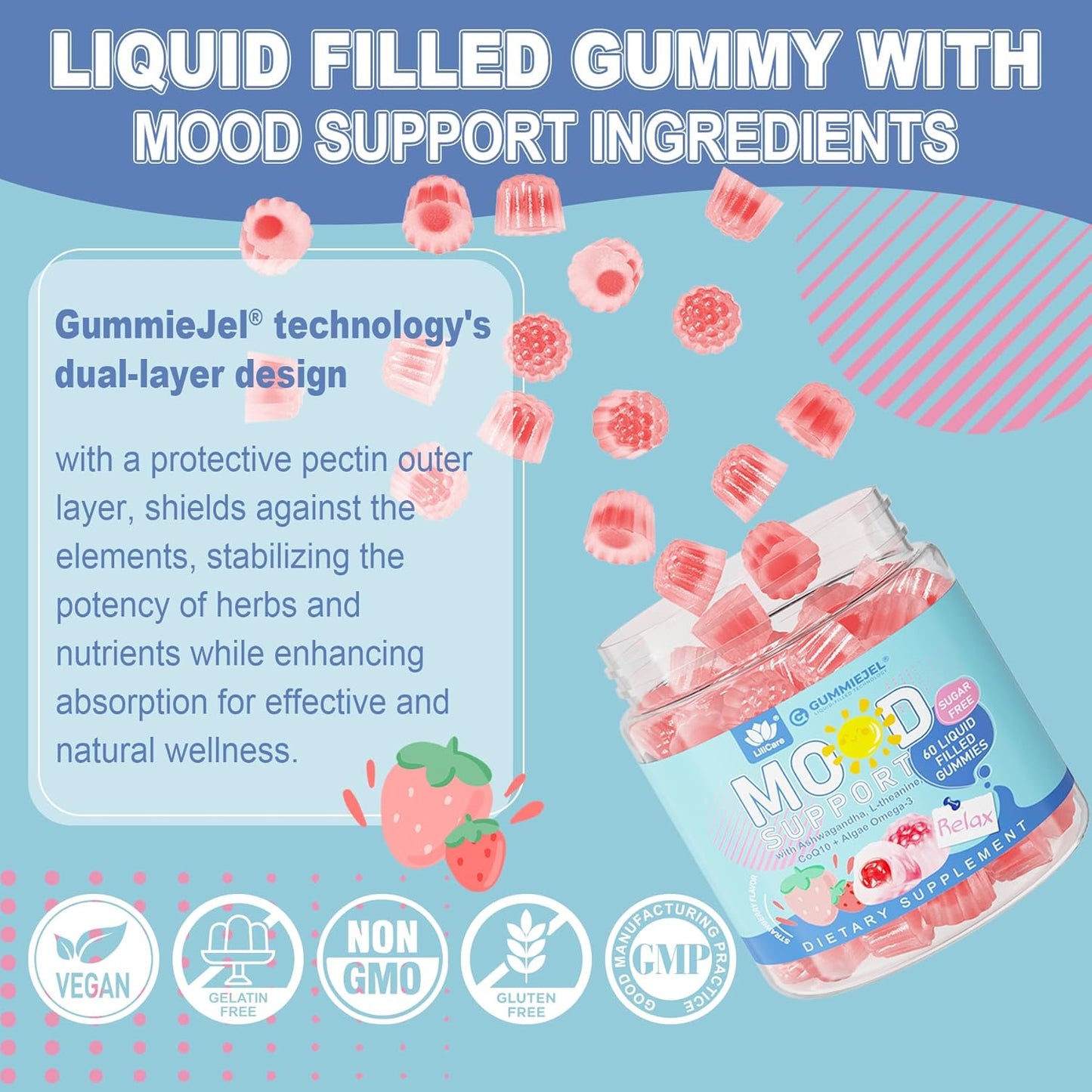 Sugar-Free Ashwagandha Calm Gummies with L-Theanine and Vitamin D3 - Vegan Omega 3 for Relaxing Mood - Strawberry Flavor - 60 Gummies