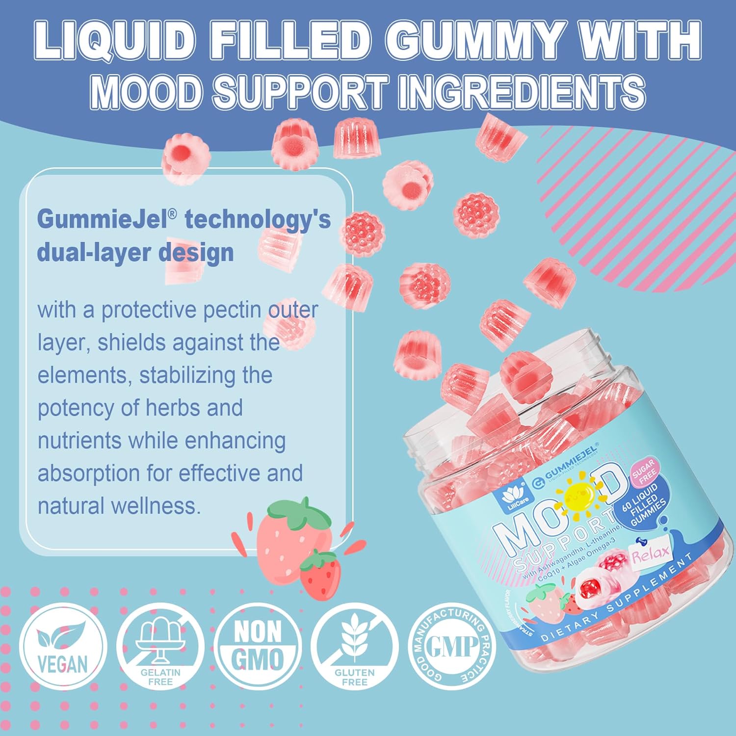 Sugar-Free Ashwagandha Calm Gummies with L-Theanine and Vitamin D3 - Vegan Omega 3 for Relaxing Mood - Strawberry Flavor - 60 Gummies