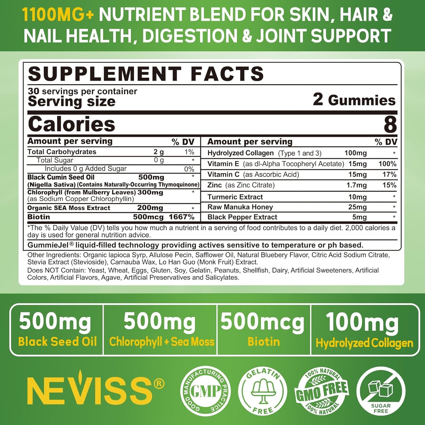Sugar-Free Ashwagandha Gummies with Magnesium, Nevis Black Seed Oil Gummies with Chlorophyll & Sea Moss - 2000mg Supplement