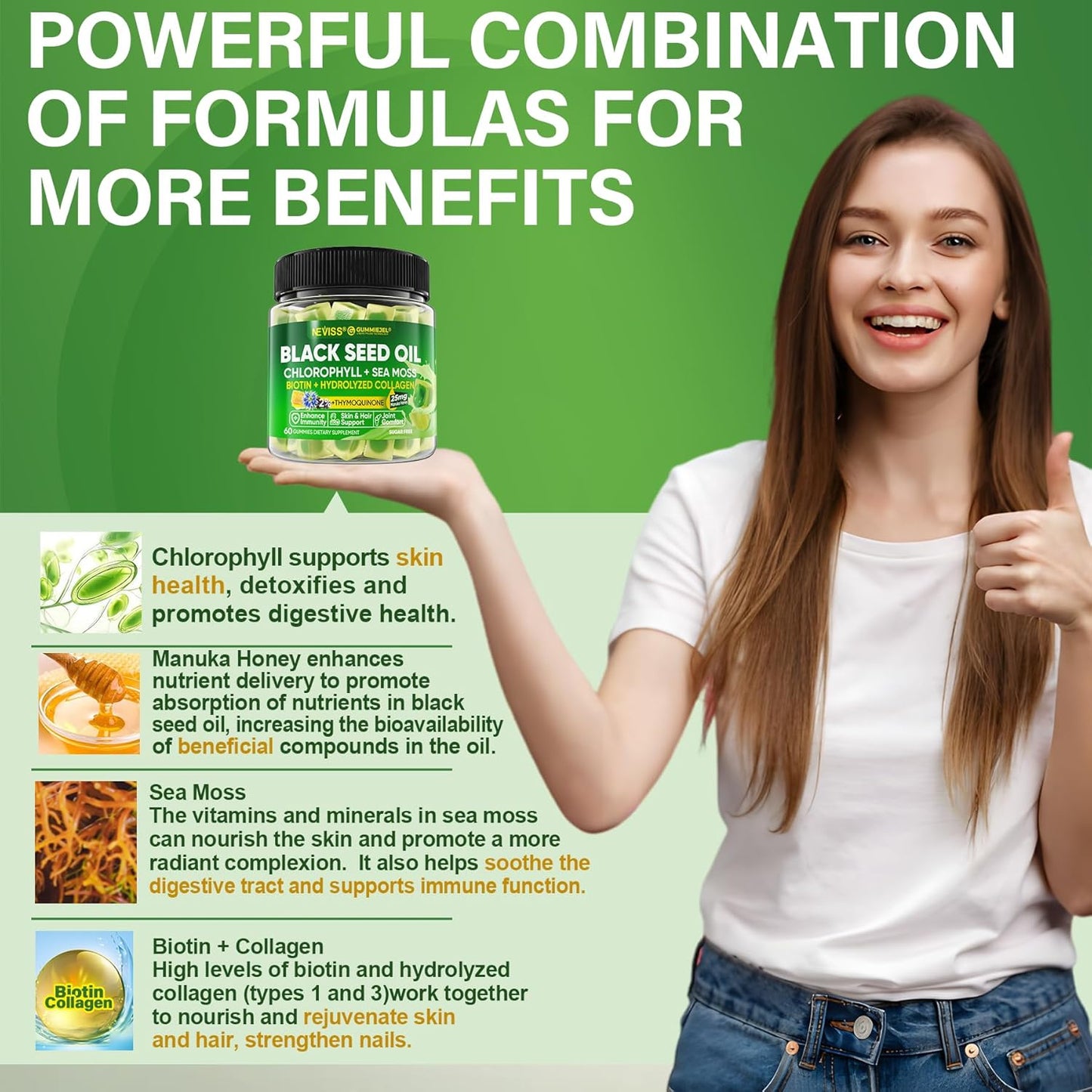 Sugar-Free Ashwagandha Gummies with Magnesium, Nevis Black Seed Oil Gummies with Chlorophyll & Sea Moss - 2000mg Supplement