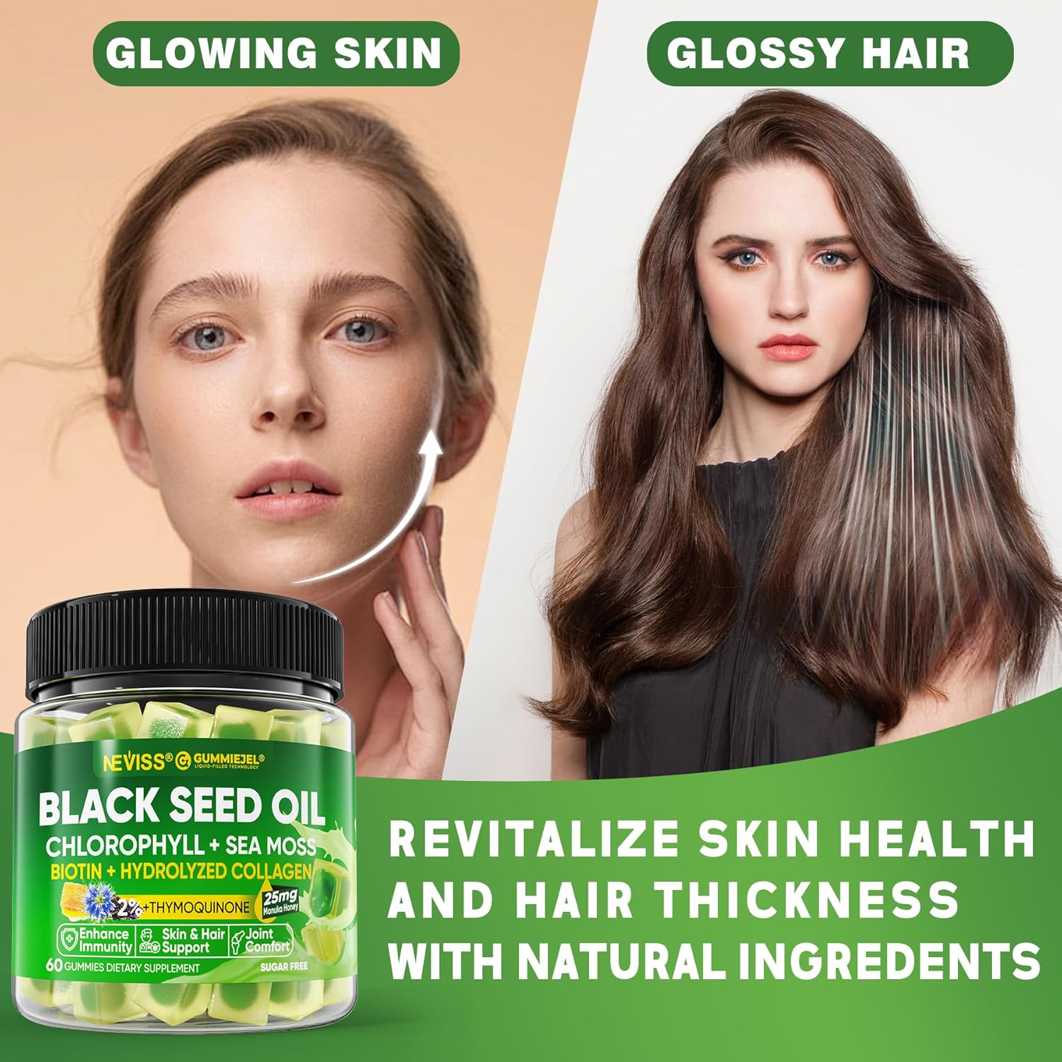 Sugar-Free Ashwagandha Gummies with Magnesium, Nevis Black Seed Oil Gummies with Chlorophyll & Sea Moss - 2000mg Supplement