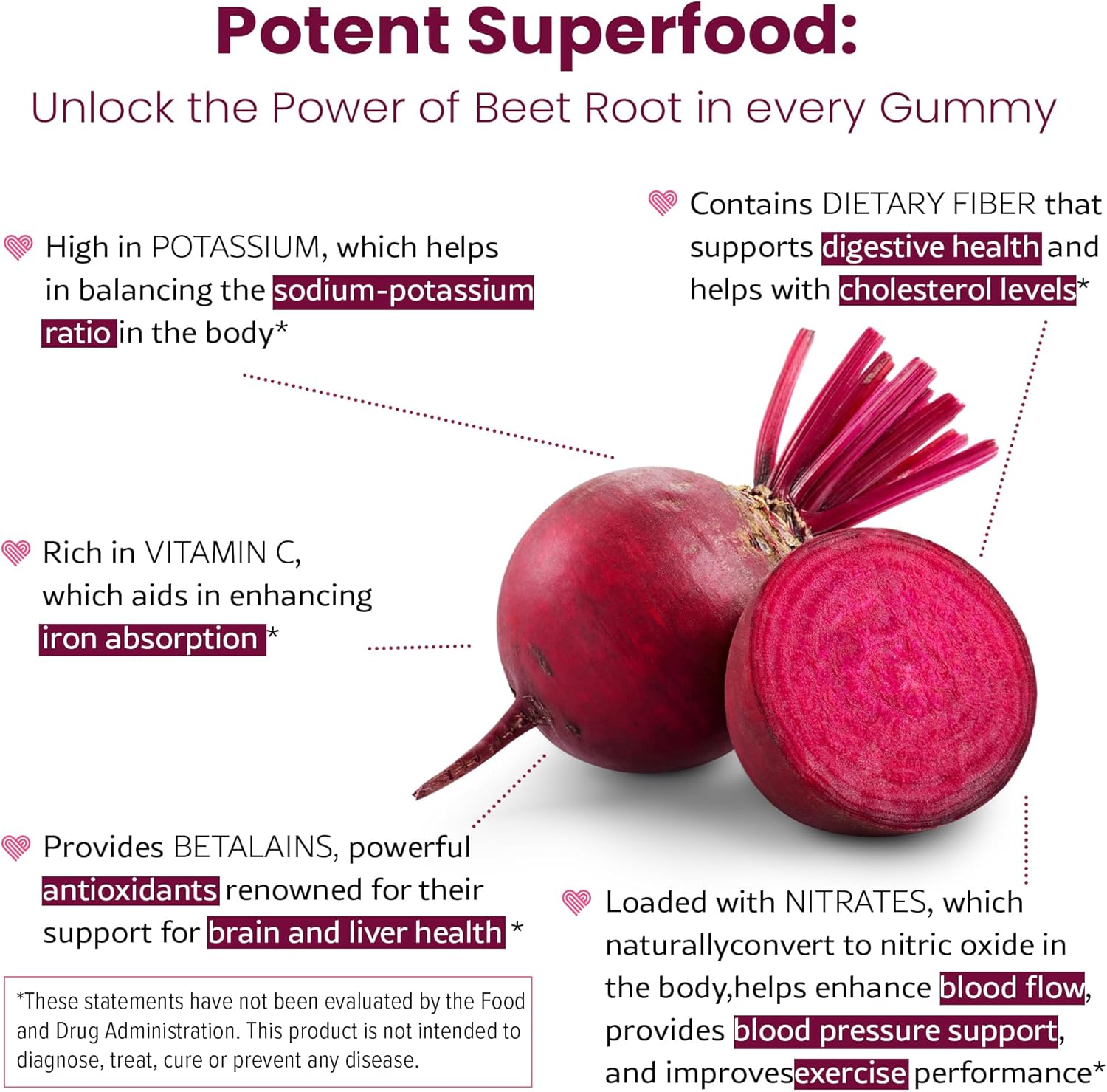 Sugar-Free Beet Root Gummies 1500mg with Lion's Mane for Blood Pressure and Brain Support - Blueberry Flavor, 60 Ct.