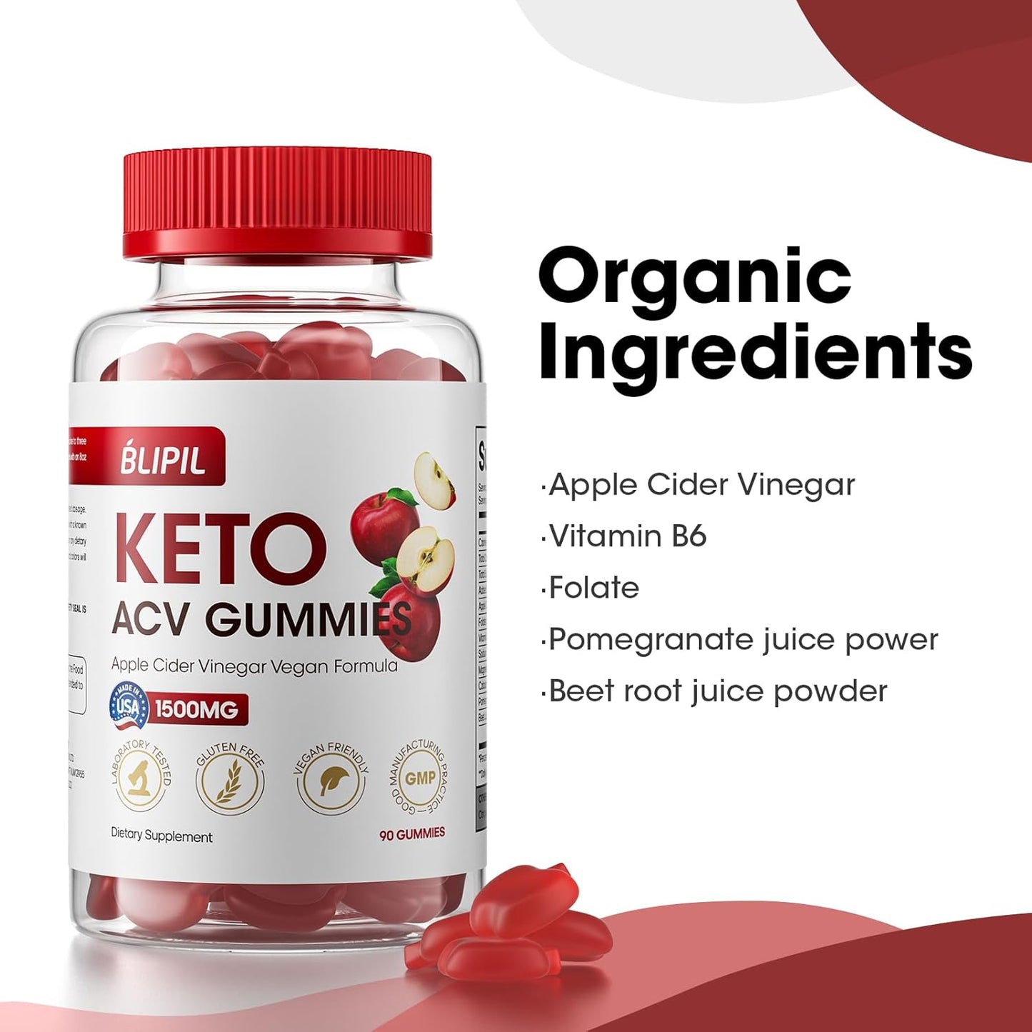 Sugar-Free BLIPIL Keto ACV Gummies with 1500mg Apple Cider Vinegar for Weight Loss - Gelatin-Free, Gluten-Free, Vegan & Non-GMO - 90 Count