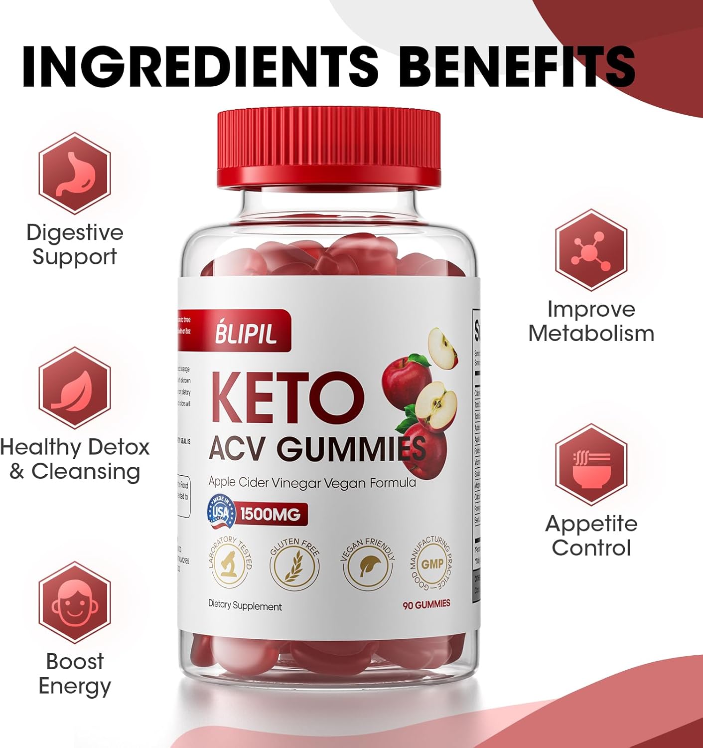 Sugar-Free BLIPIL Keto ACV Gummies with 1500mg Apple Cider Vinegar for Weight Loss - Gelatin-Free, Gluten-Free, Vegan & Non-GMO - 90 Count