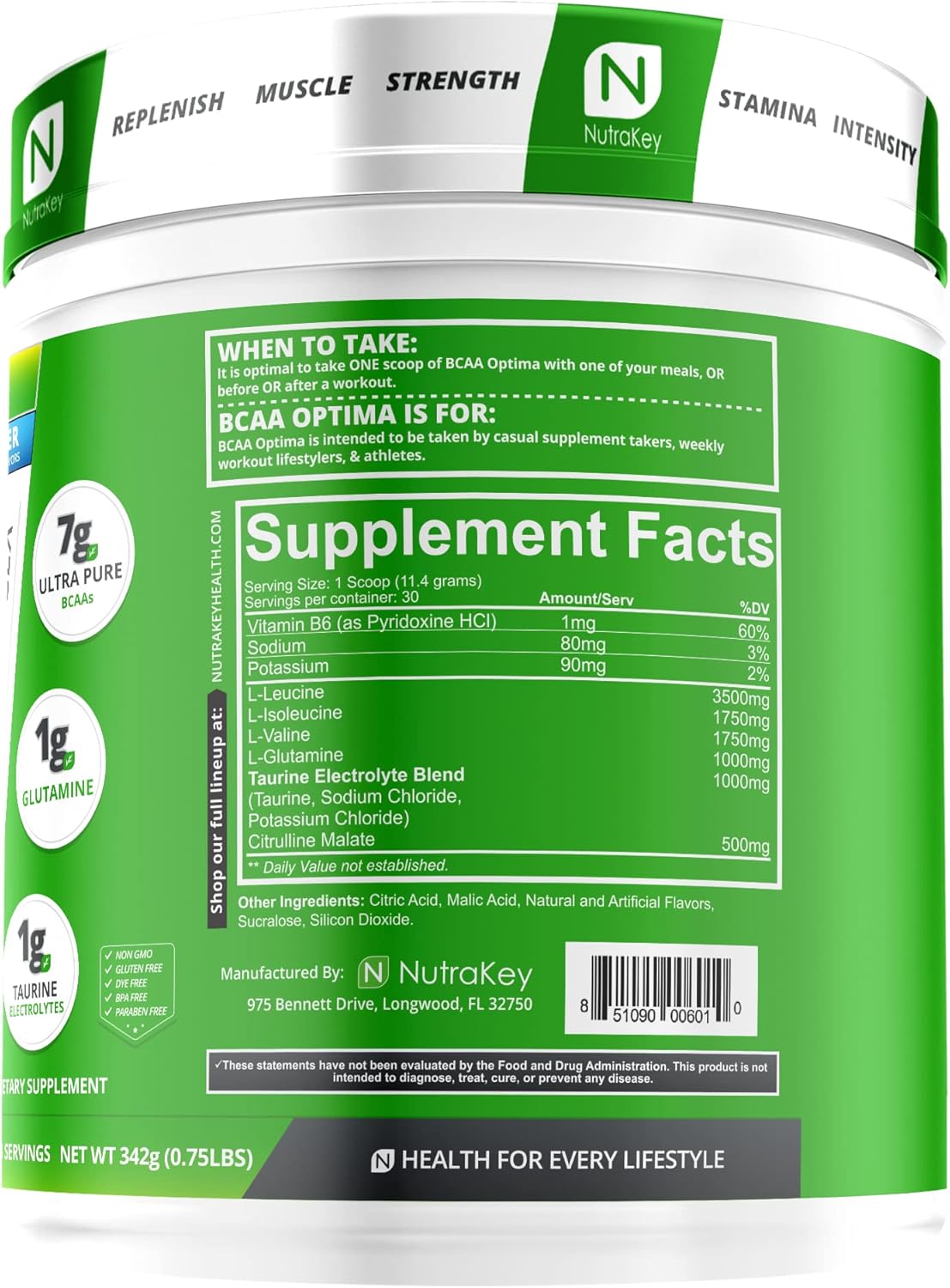 Sugar-Free Blue Raspberry BCAA Optima Post Workout Recovery Complex - No Carbs, Recovery Aid by NutraKey