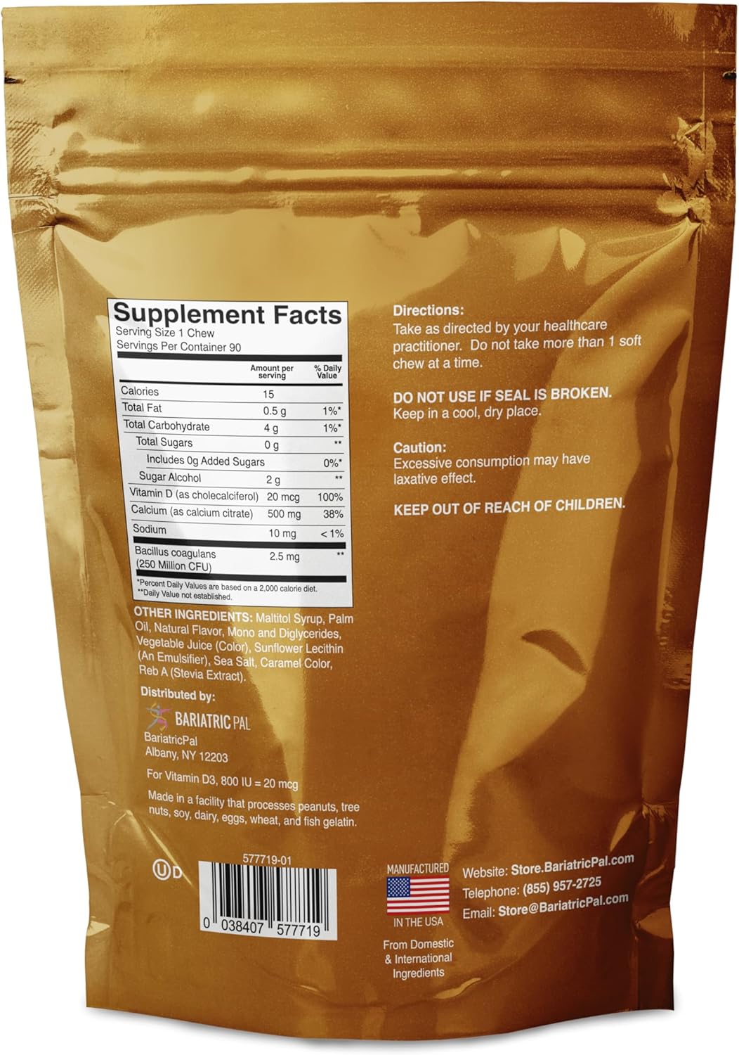 Sugar-Free Butterscotch BariatricPal Calcium Citrate Soft Chews with Probiotics - 500mg (90 Count)