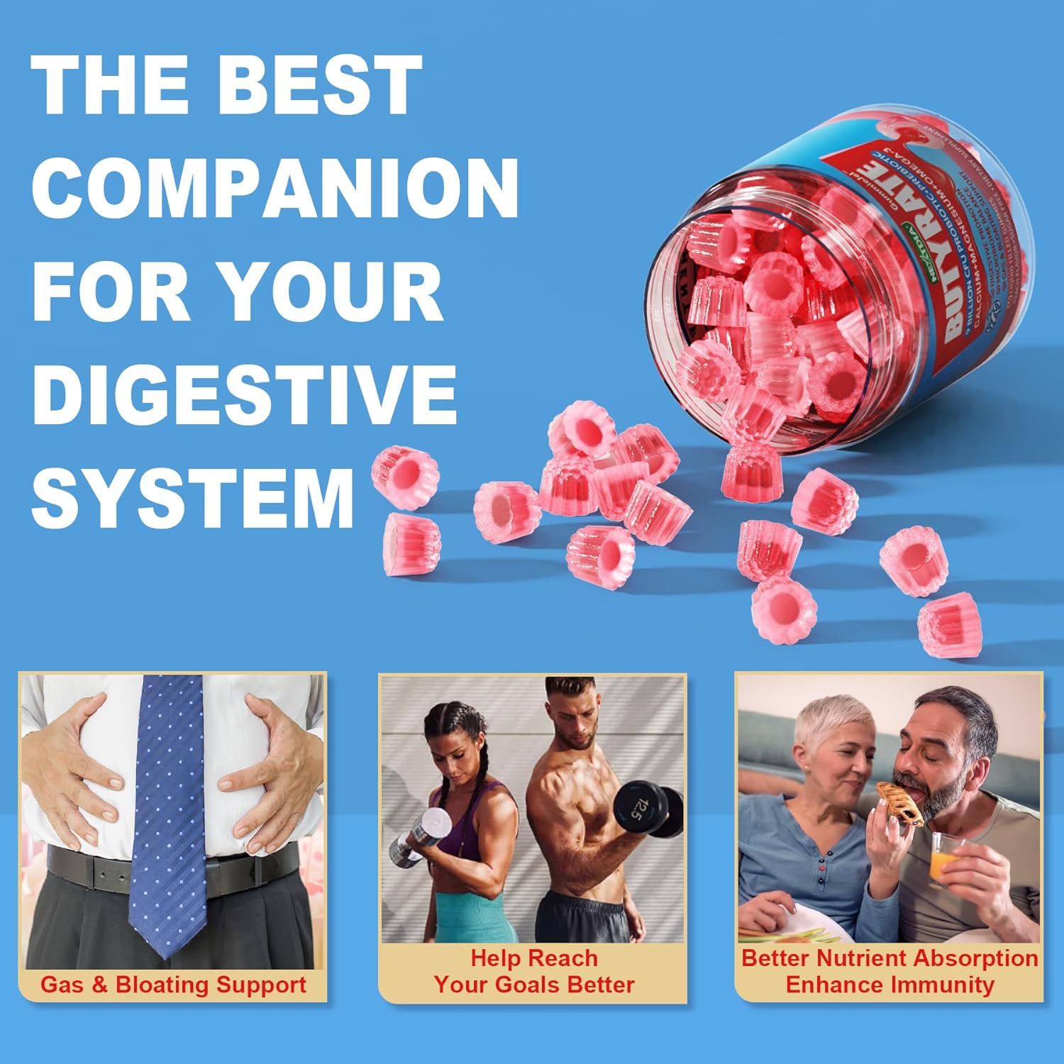 Sugar-Free Butyrate Gummies with Probiotic, Prebiotic, Postbiotic, Omega-3, Fiber, 9 Billion CFU Probiotics, Calcium, Magnesium, Inulin, Psyllium Husk for Digestive Health & Bloating Support