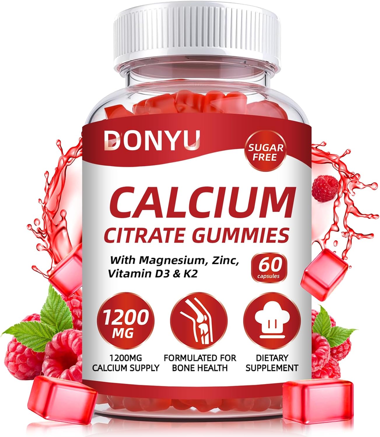 Sugar-Free Calcium Citrate Gummies 1200mg with Vitamin D3, Magnesium, Zinc, K2 - Ultimate Absorption Supplement for Strong Bones & Muscles, Immune Support - Men & Women
