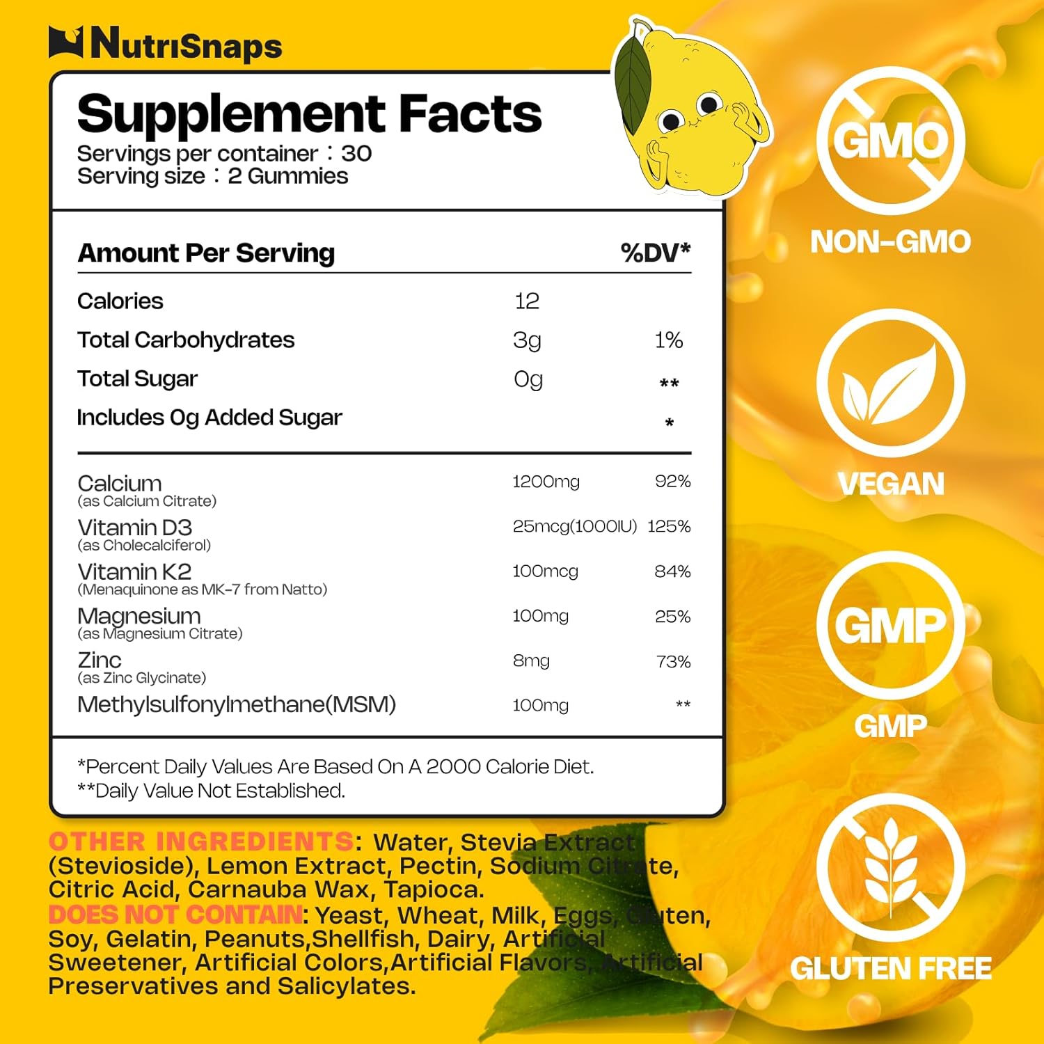 Sugar Free Calcium Citrate Gummies 1200mg with Vitamin D3, K2, Magnesium, Zinc, MSM - Bone, Muscle, Immune Support - Vegan - 60 Count