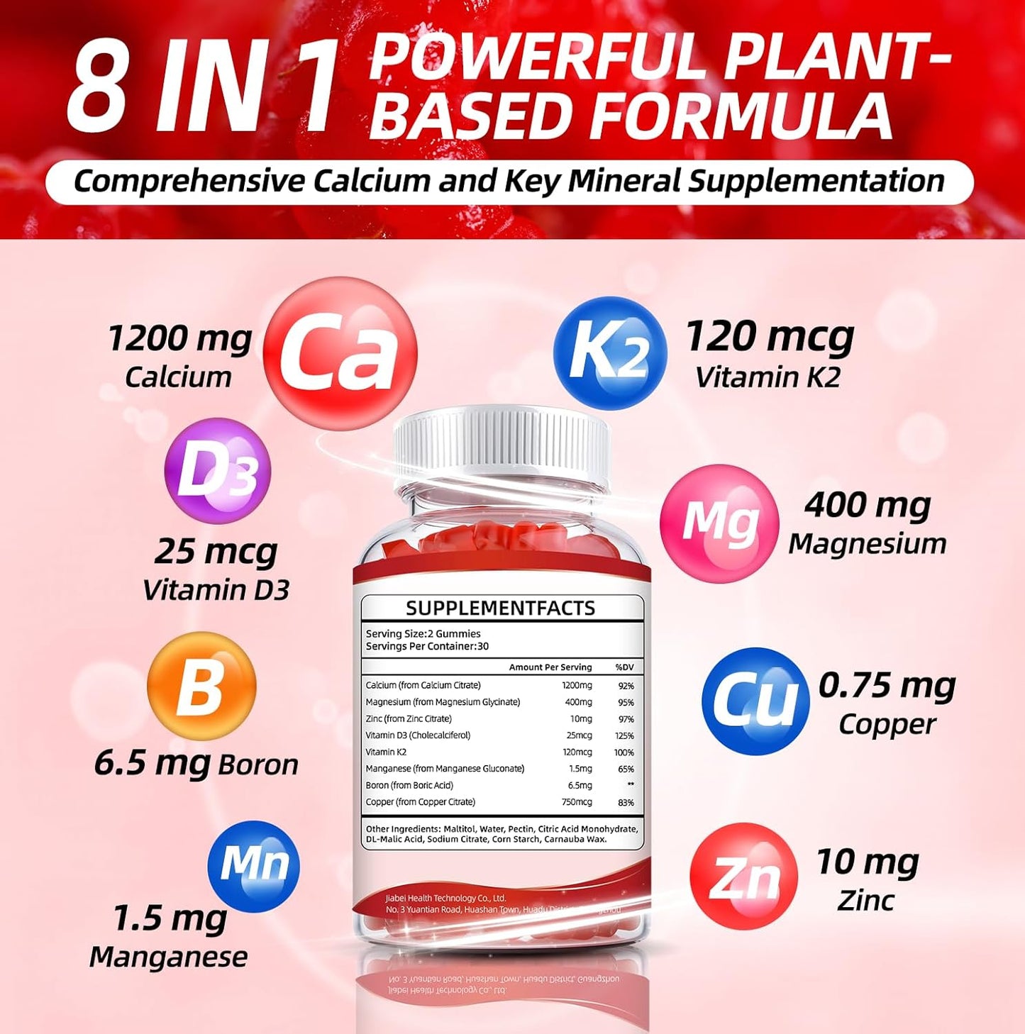 Sugar-Free Calcium Citrate Gummies 1200mg with Vitamin D3, Magnesium, Zinc, K2 - Ultimate Absorption Supplement for Strong Bones & Muscles, Immune Support - Men & Women