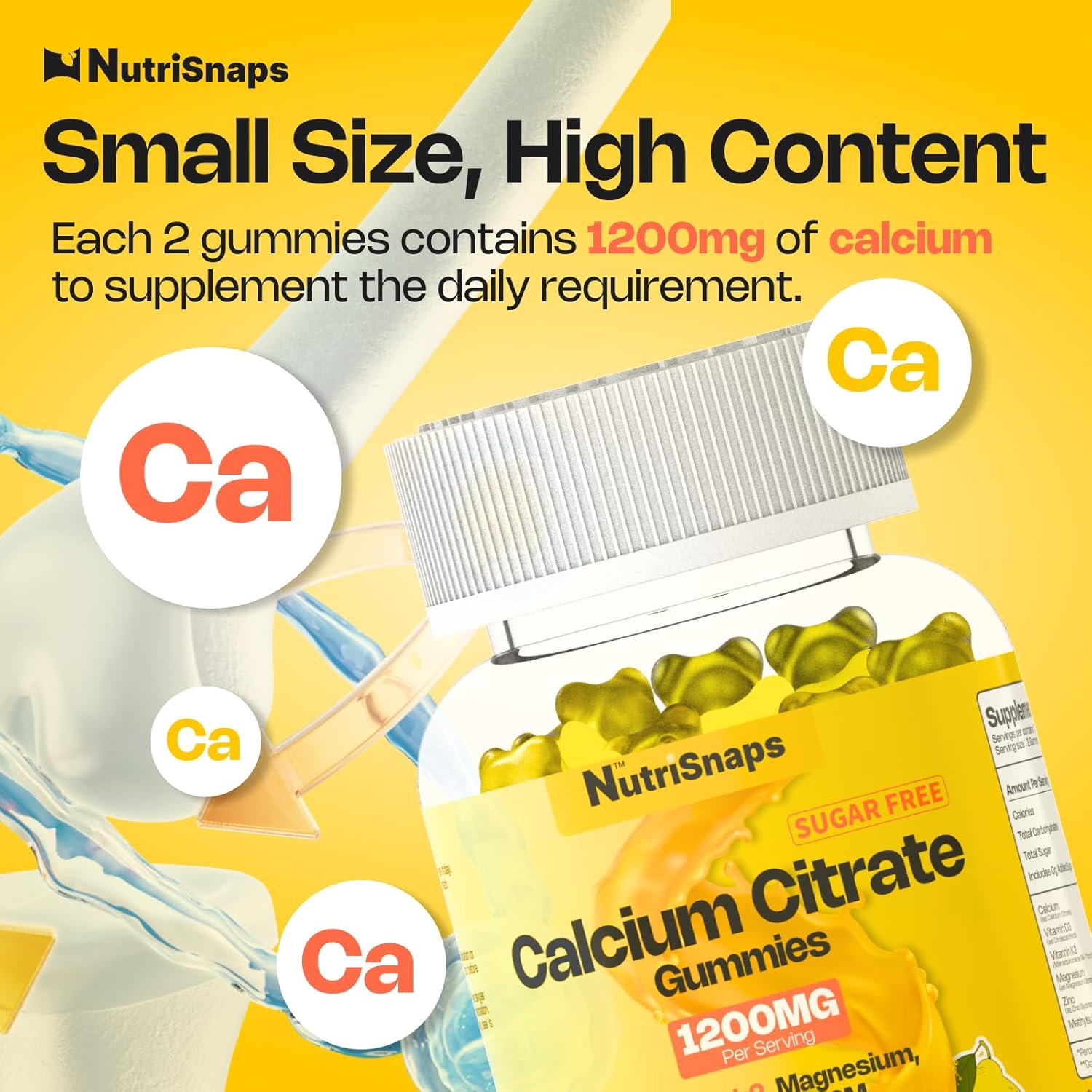 Sugar Free Calcium Citrate Gummies 1200mg with Vitamin D3, K2, Magnesium, Zinc, MSM - Bone, Muscle, Immune Support - Vegan - 60 Count
