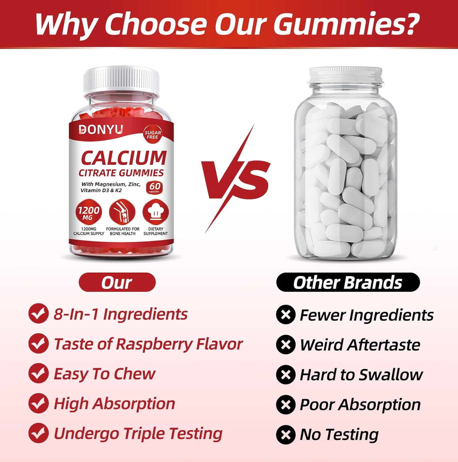 Sugar-Free Calcium Citrate Gummies 1200mg with Vitamin D3, Magnesium, Zinc, K2 - Ultimate Absorption Supplement for Strong Bones & Muscles, Immune Support - Men & Women