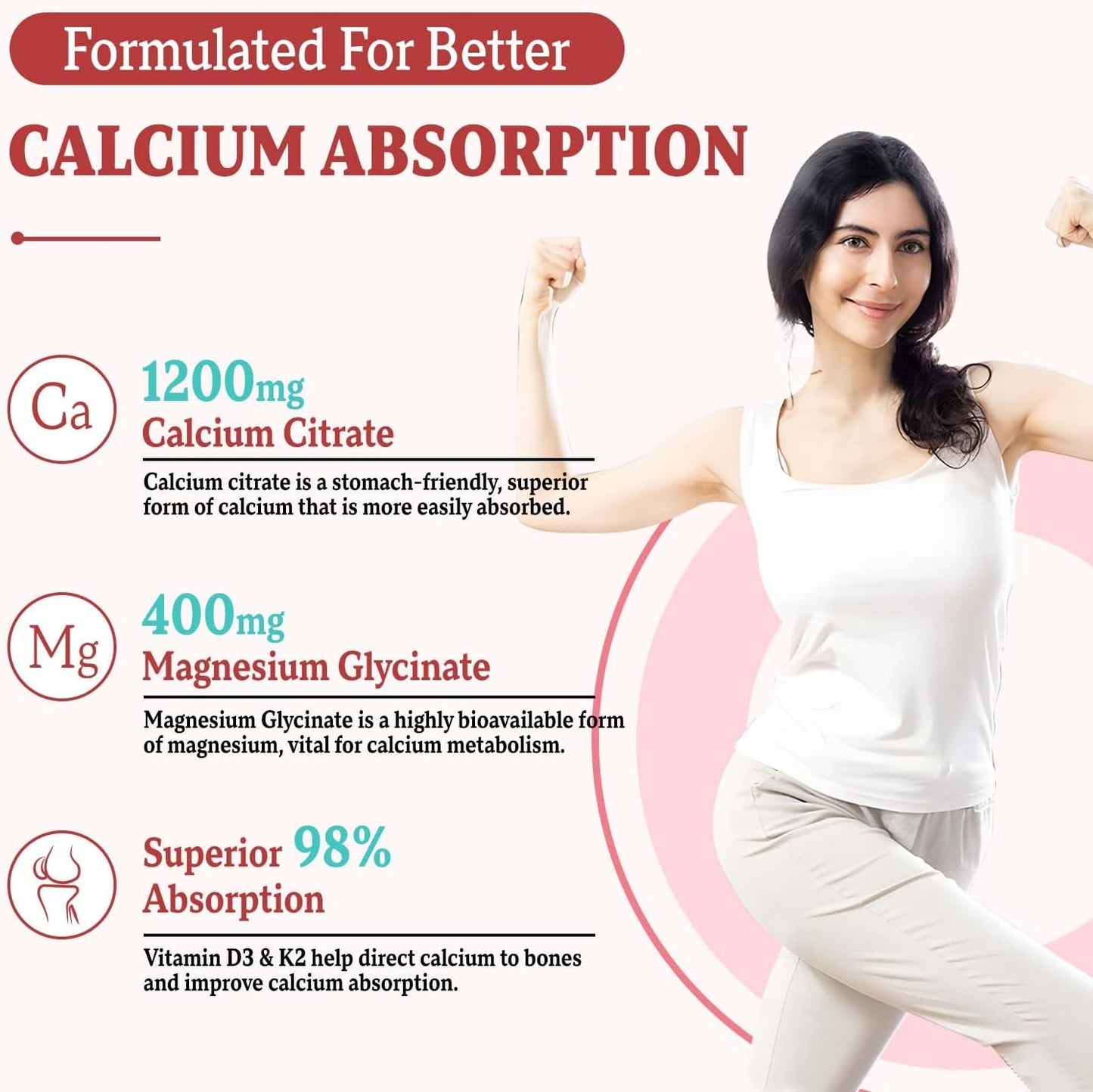 Sugar Free Calcium Citrate Gummies with Vitamin D3 & K2, Peach Flavor - 60 Ct for Bone, Muscle, and Joint Health