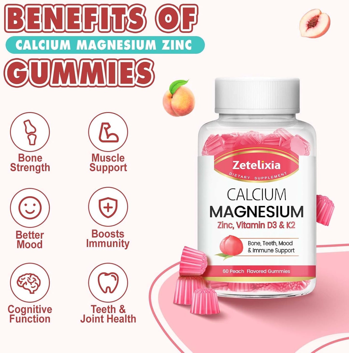 Sugar Free Calcium Citrate Gummies with Vitamin D3 & K2, Peach Flavor - 60 Ct for Bone, Muscle, and Joint Health