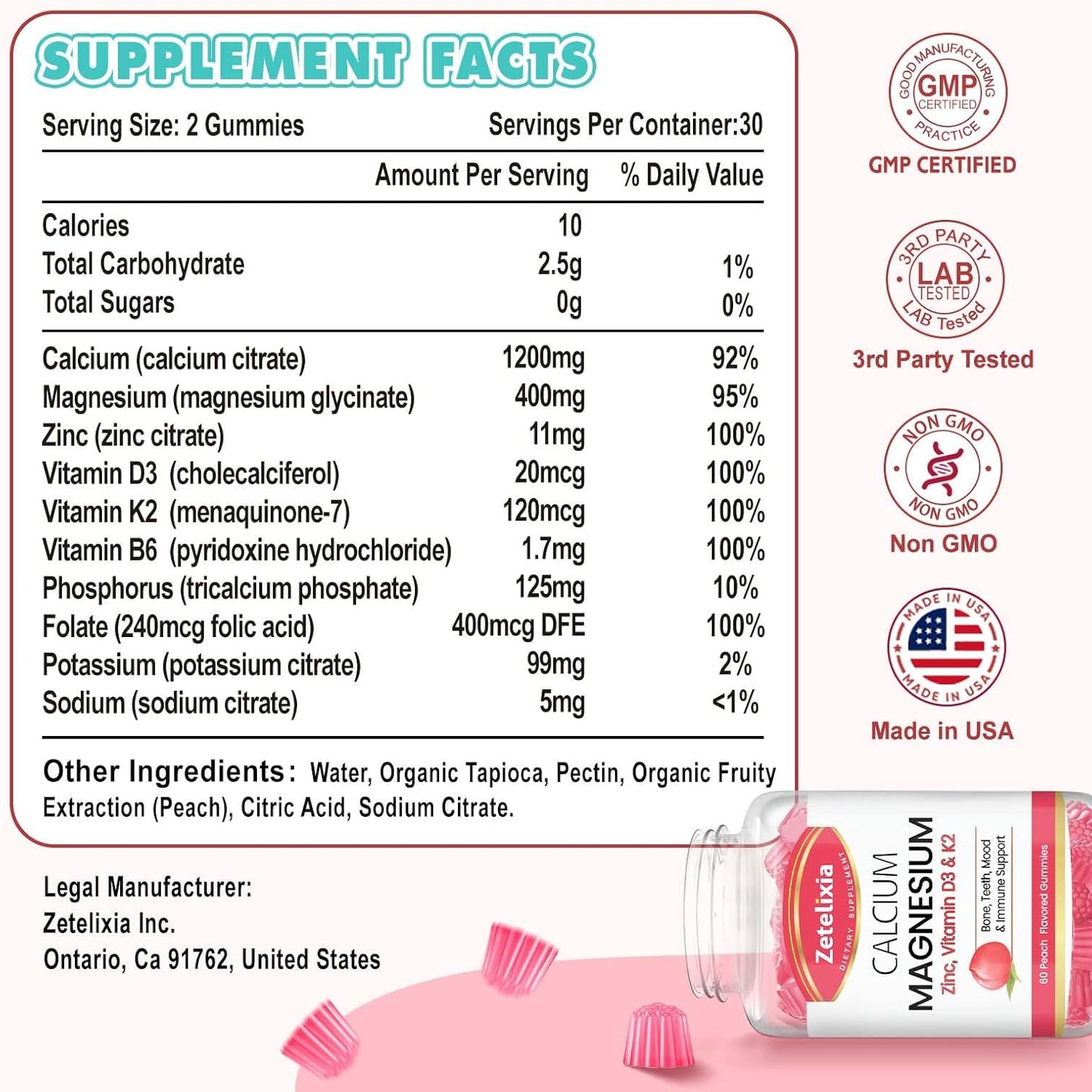 Sugar Free Calcium Citrate Gummies with Vitamin D3 & K2, Peach Flavor - 60 Ct for Bone, Muscle, and Joint Health